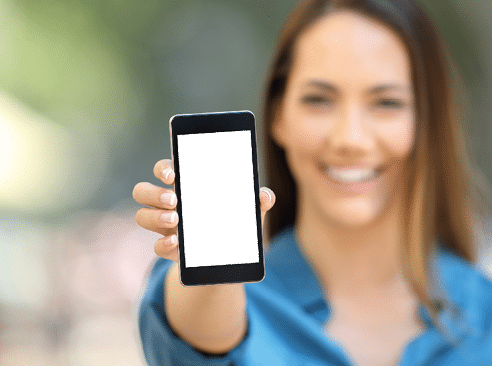 Girl hand showing a phone screen mock up on the street