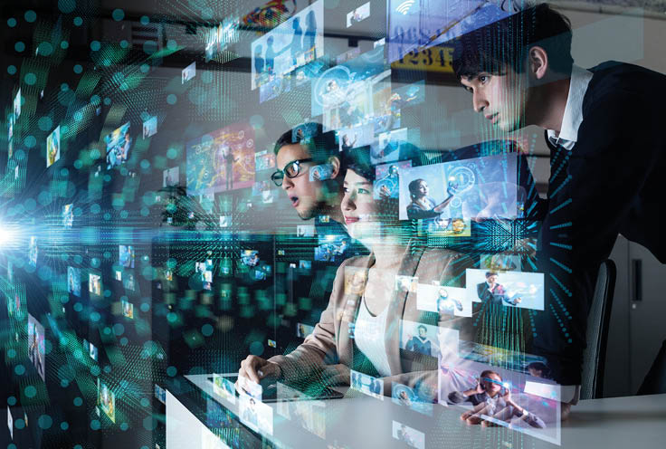 Group of people watching stereoscopic images 