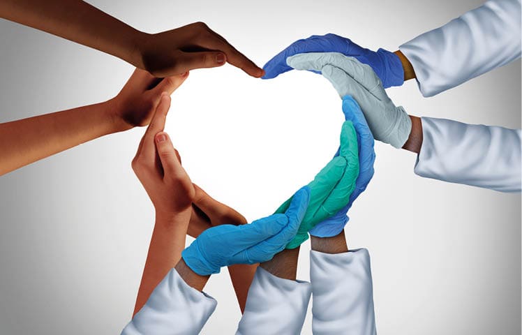 Community and Health Workers and Essential care medical group or hospital medicine teamwork as a group of doctors and nurses joining together in a heart shape with patients in a 3D illustration style 