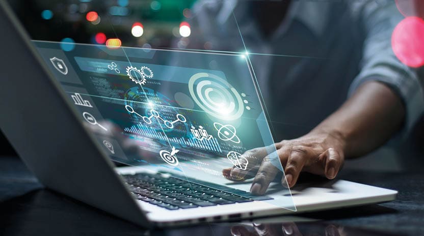 Data scientists  Male programmer using laptop analyzing and developing in various information on futuristic virtual interface screen  Algorithm  marketing and deep learning of artificial intelligence