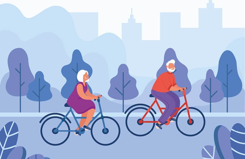 Senior couple riding bicycles vector illustration  Happy active man and woman riding bikes in city park  Summer outdoor exercising  Healthy lifestyle concept for website design or landing page