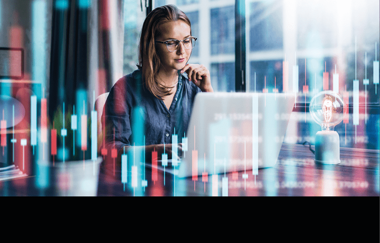 Young woman working at modern office Technical price graph and indicator, red and green candlestick chart and stock trading computer screen background  Double exposure  Trader analyzing data