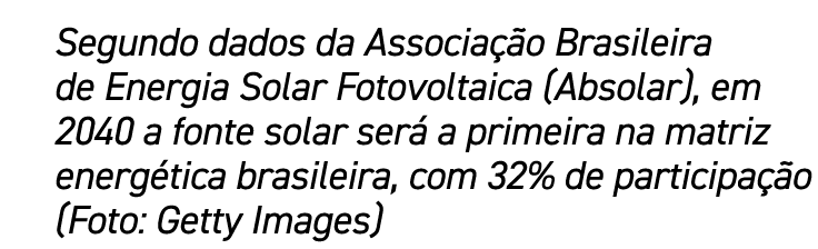 Segundo dados da Associação Brasileira de Energia Solar Fotovoltaica (Absolar), em 2040 a fonte solar será a primeira   